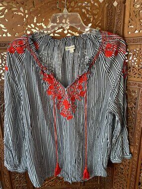 B&W striped blouse with red floral embroidery L